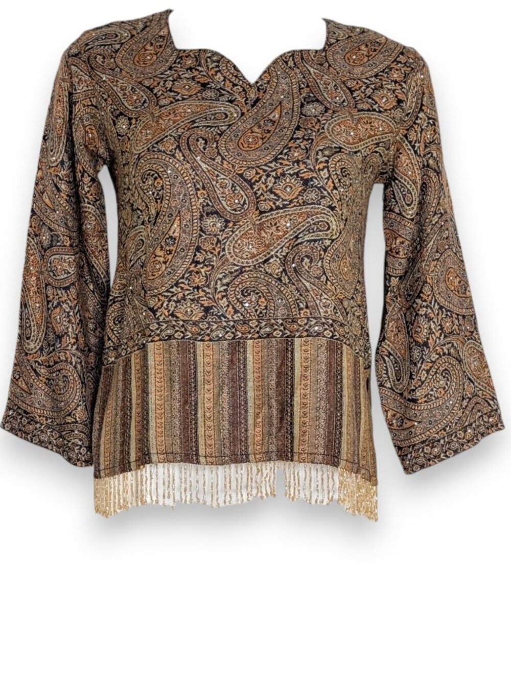 VTG Tan Blue Gold Tapestry Paisley Beaded Fringe Trim Top